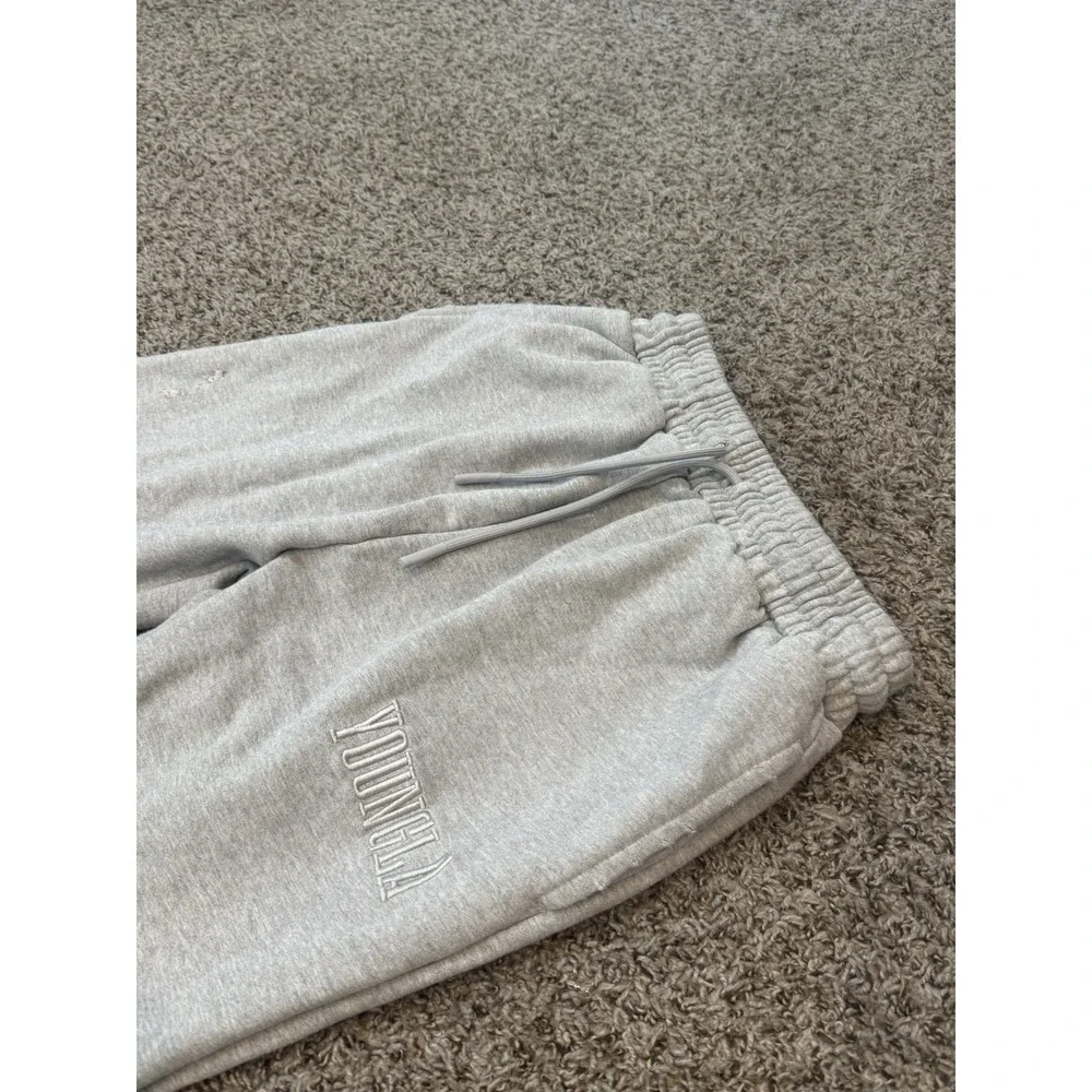 Young LA Sweatpants Women's Medium Gray Drawstring Pockets Flared Distressed